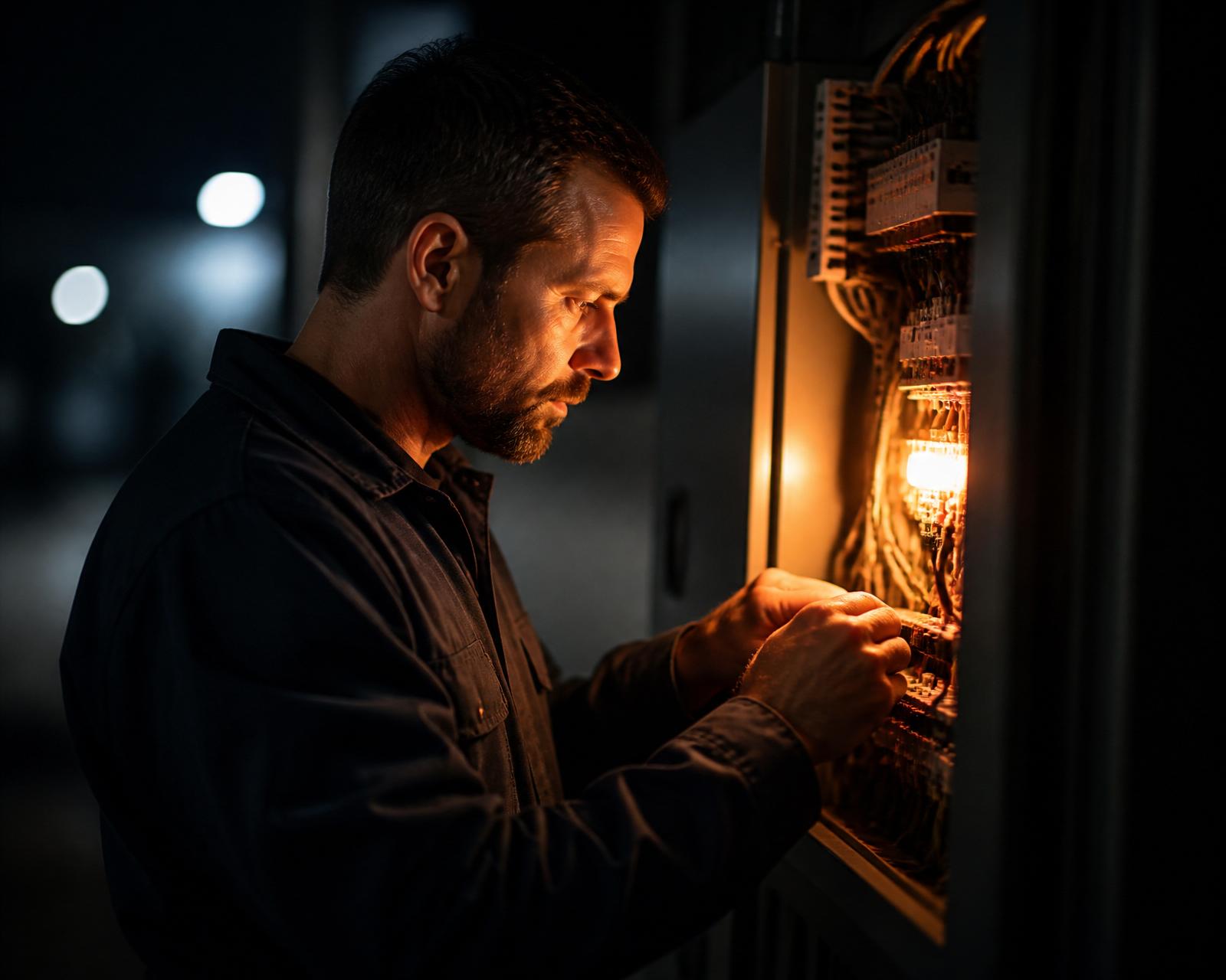 Electricista profesional de Energy 24 reparando un cuadro eléctrico de noche en Valencia